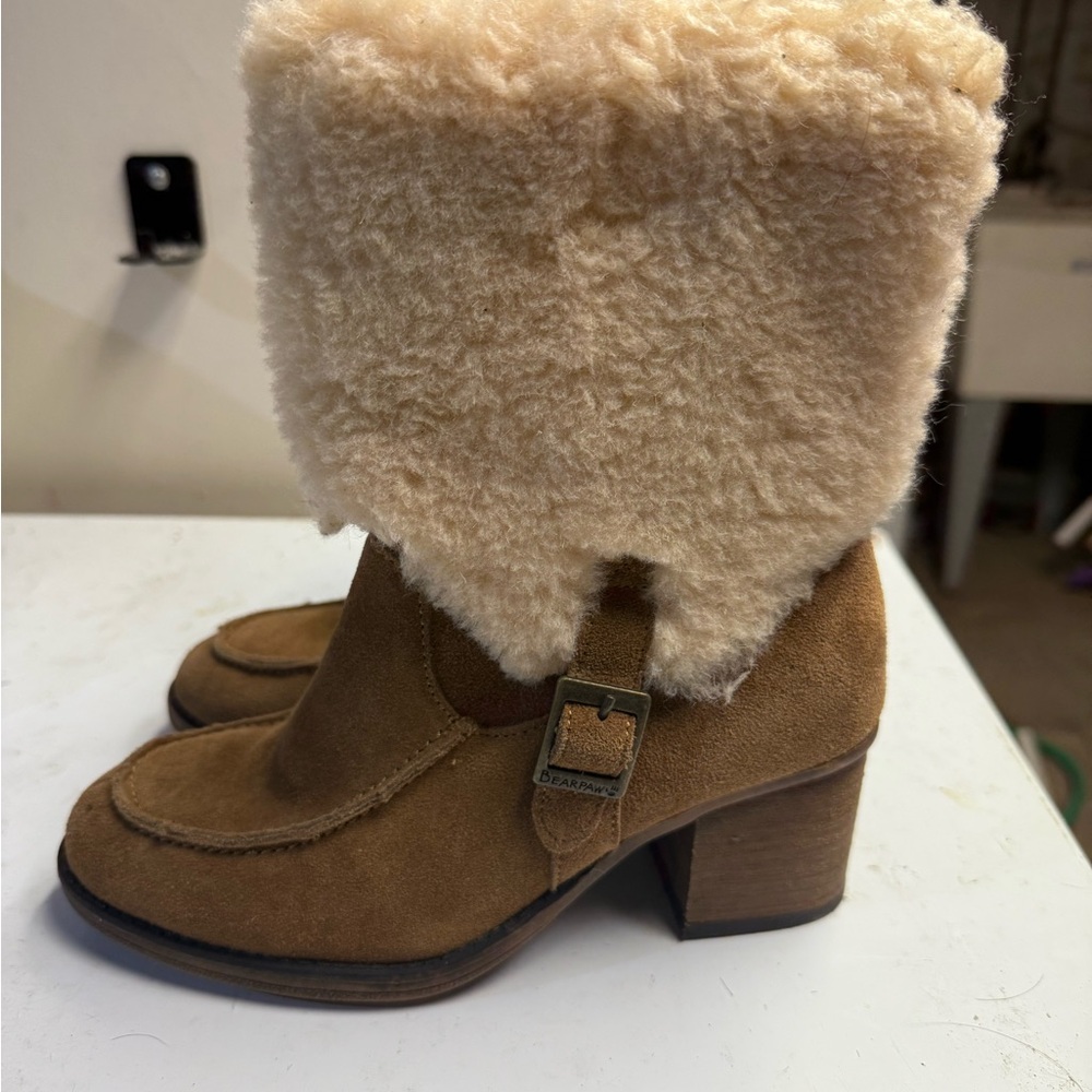 BearPaw Tan Suede Boots with Cream Fur Cuff